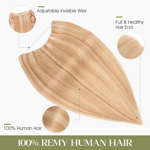 Charites Halo Hair Extensions Real Human Hair Invisible Wire Extensions with Transparent Fish Line Adjustable Size Golden Brown & Bleach Blonde 12 inch
