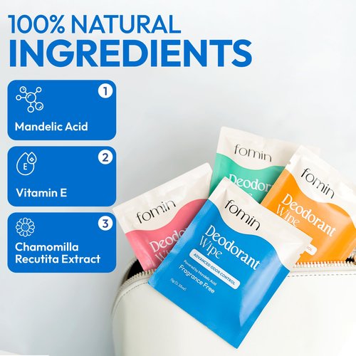 FOMIN Acidified Travel Deodorant Wipes For Women & Men - 30 Count - Fragrance Free - pH Balanced, Mini Deodorant Travel Size Wipe - Plastic-Free, Individually Wrapped Underarm Body Wipes