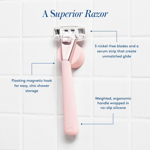 Athena Club Women’s Razor Shave Kit, 5-Blade Cartridge Razor for Sensitive Skin, Serum-Infused Blades with Shea Butter and Hyaluronic Acid, Includes Handle, 6 Refills, Shower Hook, and Shave Oil