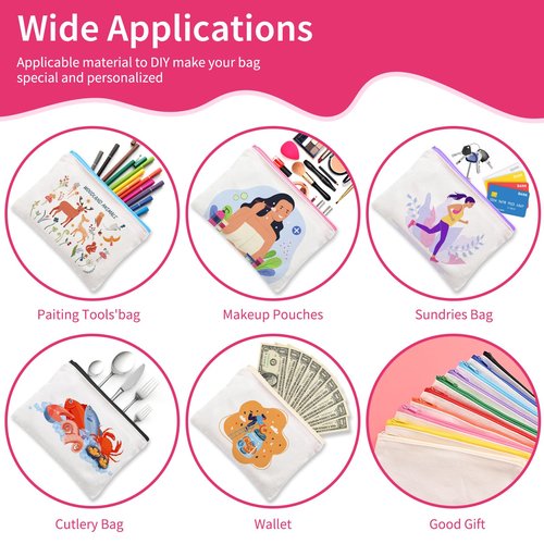 AMDAILY 50Pcs Canvas Makeup Bags Bulk, 7.87 x 5.7Inch Cotton Sublimation Blank DIY Heat Transfer Cosmetic Bag w/Colorful Zipper for Bridesmaid Makeup Bag Travel Toiletry Pouch Storage, Easter Craft