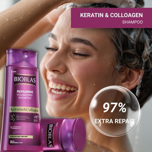 Bioblas Repairing Shampoo - Plumping Anti-Hair Loss Formula with Keratin & Collagen | 360 ML