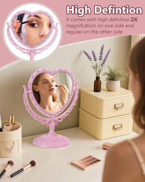 JDPEYI Heart Shaped Cute Vanity Princess Mirror for Desk,Double-Sided Rotatable Table with Stand Downtown Girl Room Coquette Decor (Pink)