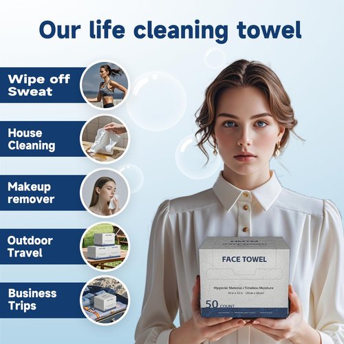 Face Towels 10x12 Inch, 50 Count Extra Thick & Soft Disposable Towels for Makeup Removal & Cleansing, Biodegradable Towels for Sensitive Skin, Travel-Friendly Facial Towelettes
