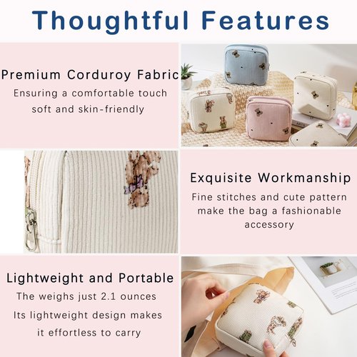 RSRSLEII Cute Mini Corduroy Zipper Makeup Bag for Purse, Coquette Aesthetic Pouch with Bear Pattern for Women Girls,Key Pocket Lipstick Bag Card Holder Data Cable Organizer(05Great Bear)