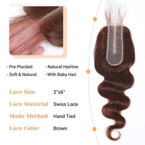 2x6 Closure Human Hair 16 Inch HD Transparent Lace 2x6 Body Wave Closure Middle Part Brazilian 4# Brown Human Hair Closure With Baby Hair