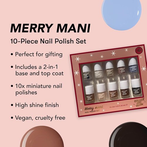 Holler And Glow Merry Mani Miniature Nail Polish Valentine's Gift, Mini Size, Limited Edition, Base Coat, Top Coat, High Shine Finish, Glossy, Long Wearing, Quick Dry, Fast Dry, Teens, 12 Piece Set