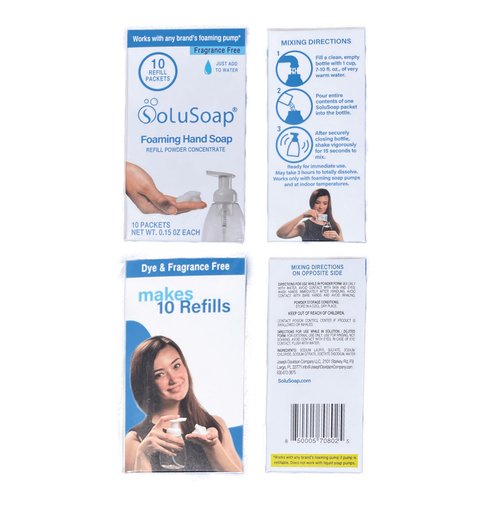 SoluSoap Unscented Makes 10 bottles of Premium Foaming Hand Soap, Fragrance Free, Quick Dissolve, Immediate Use Foaming Hand Soap Refills, Powder Concentrate. Use 99% less Plastic