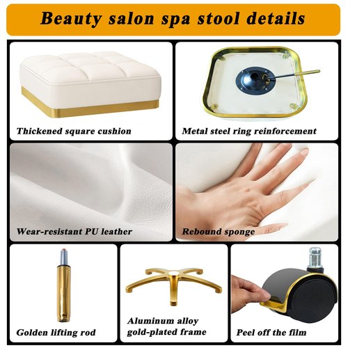 CQAEBK Square Rolling Stool Gold Adjustable Swivel Stools with Wheels, Vanity Lash Nail Salon Spa Roller Chair, Esthetician Massage Office Pedicure Stool, Heavy Duty Gold Plated Frame (White)