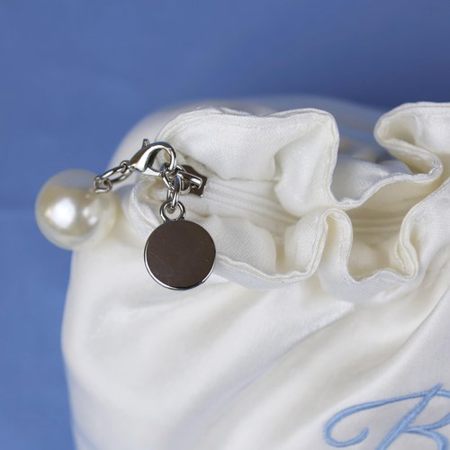 Lauusiusi Creamy White Satin Bride Cosmetic Bag Something Blue Embroidered Silk Makeup Bag Bling Pearl Bride To Be Purse for Bridal Shower Bachelorette Party Women Wedding Engagement Gift