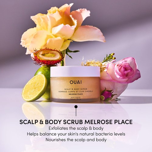 OUAI Scalp & Body Scrub Travel Size, Melrose Place - Exfoliating Body Scrub with Sugar & Coconut Oil Blend for Smooth, Moisturized Skin - Gentle for Removing Product Build Up (3.4 Oz)