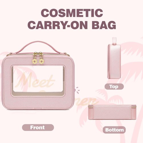 Jorebill Waterproof Cosmetic Bag with Makeup Brush Bag, Leather Travel Makeup Bag with handle, Crossbody Shoulder Bag with metal detachable shoulder strap for Women (pearl pink)