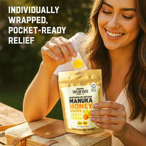 Taylor Pass Honey Co Mānuka Honey Drops UMF™ 10+ - Zesty Lemon Lozenges | Soothing Natural Relief | 22 Individually Wrapped Drops