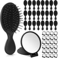 Meanplan 48 Pcs Mini Hair Brush Set 24 Travel Wet Dry Hair Combs Pocket Detangling 24 Compact Folding Makeup Mirrors for Spa Sleepover Birthday Bridal Shower Bachelorette Christmas Party Gift(Black)