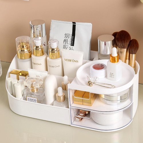 POFUOT skin care organizer,Makeup Desk Organizer With Drawers,Countertop Organizer for Cosmetics,Vanity brush with Holder for Lipstick, Brushes, Eyeshadow, and Desktop Finishing Dresser (D-White)