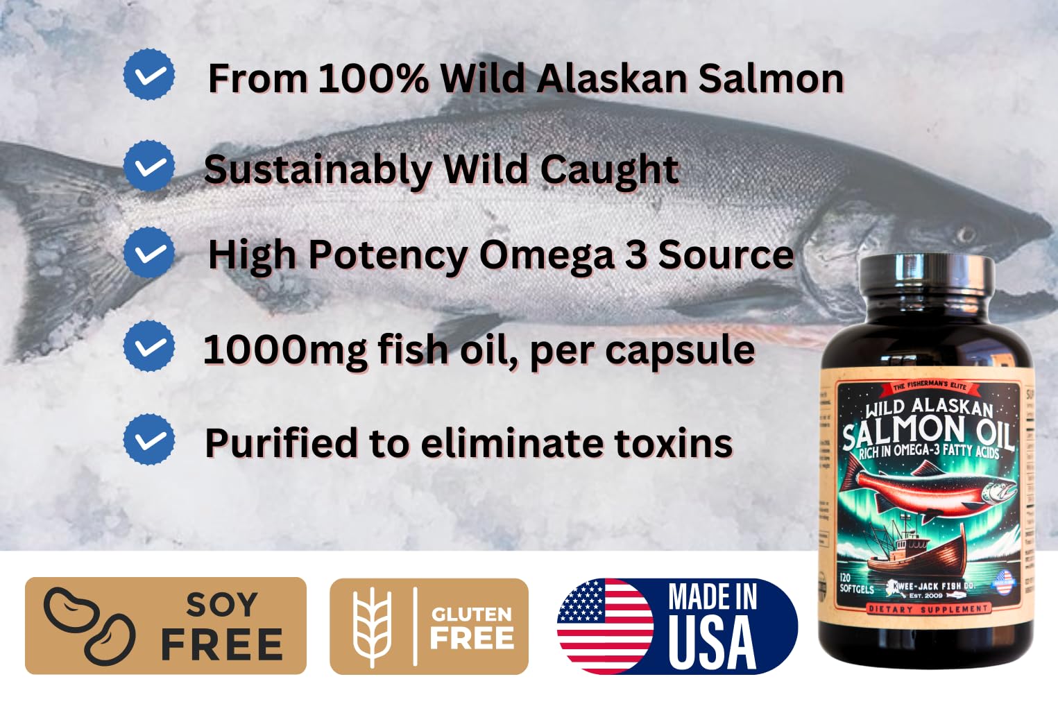 Wild Alaskan Salmon Fish Oil Omega 3 Supplement for Humans | EPA and DHA | Kwee-Jack Fish Co. | 120 Softgels 1000mg Salmon Oil
