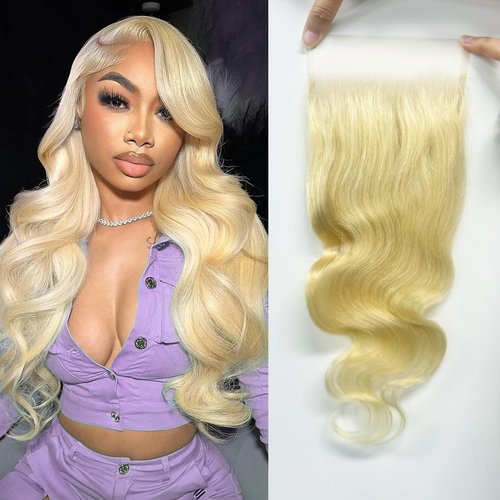 613 5x5 Closure Hd Lace Transparent Deep Part 55 613 0.11mm Ultra-Thin Invisible Skinlike Lace Closure Blond Color 12a Grade Body Wave Human Hair Pre Plucked With Baby Hair Free Part 14 Inch