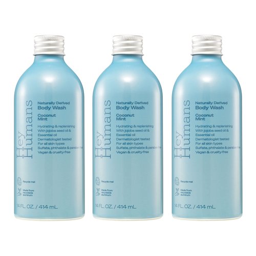 Hey Humans Coconut Mint Moisturizing Body Wash with Natural Ingredients & Jojoba Oil | Clean, Vegan, Sulfate Free Bath & Body Wash for Women & Men | Recyclable Bottle, 14 fl. oz. - Pack of 3