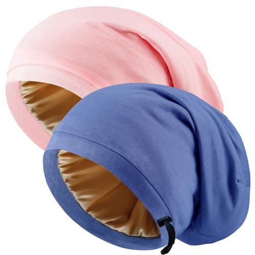NICPOO Silk Satin Bonnet Hair Wrap for Sleeping, 2 Pcs Adjustable Silk Bonnets for Women Men Sleep Cap Silk Lined Slouchy with Adjustable Strap Curly Hair Head Scarf Night Caps（Blue & Pink）