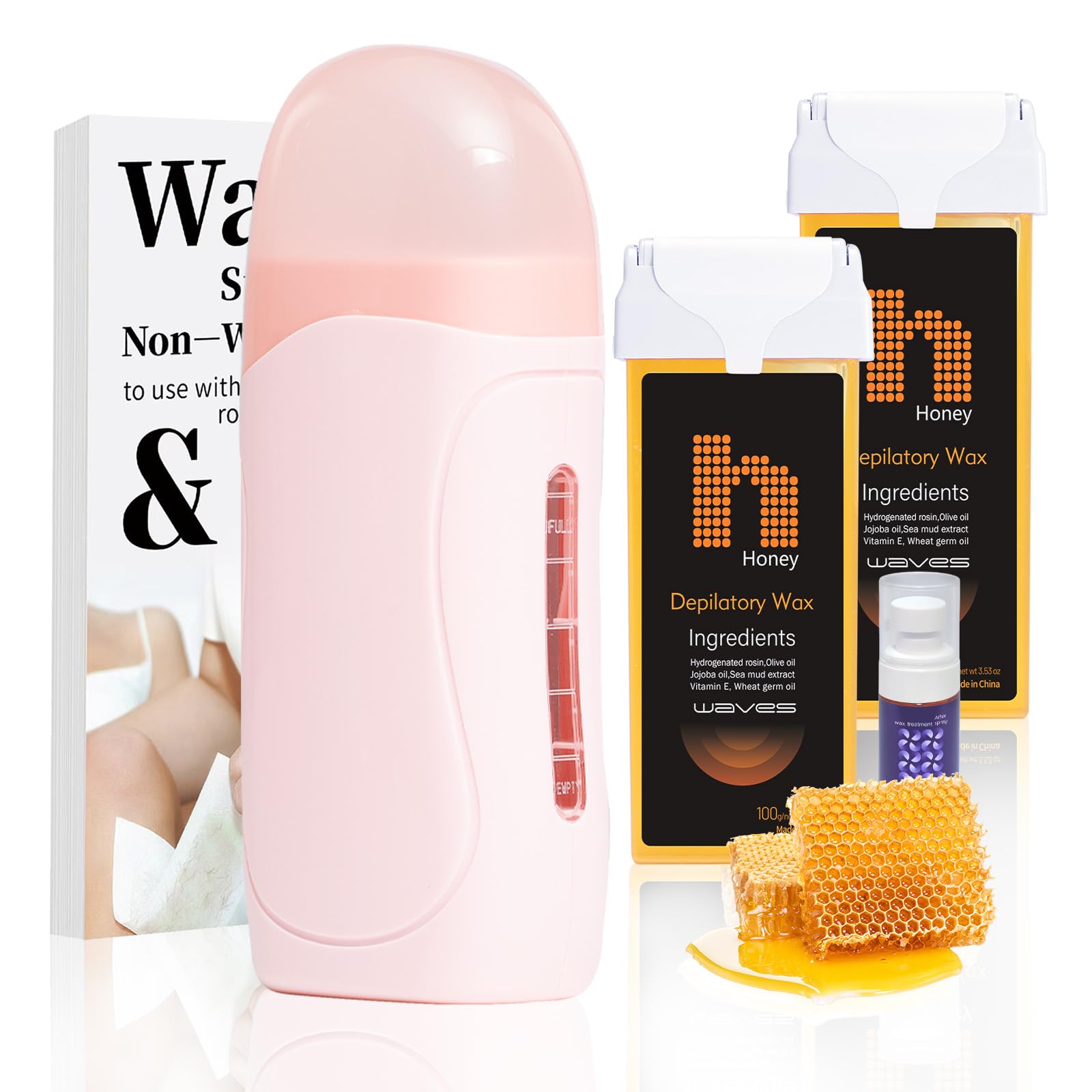 Waxpro Roll On Wax Kit for Women - Easy to Use - At-Home Hair Removal for Body (Arms & Legs) with 2 Honey Wax Roller Cartridges & 50 Strips (Pink)