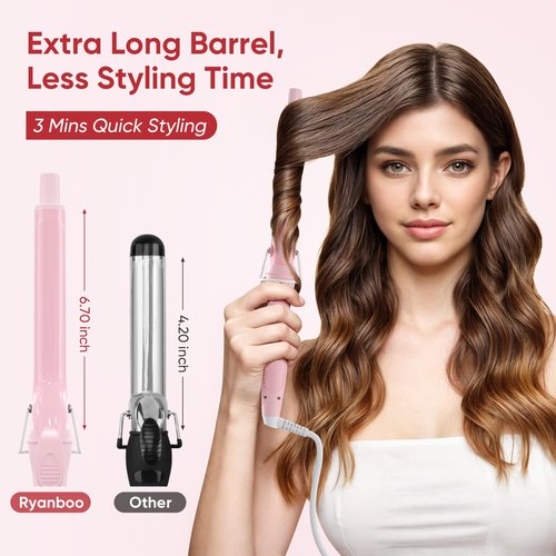 Ryanboo 1 Inch Curling Iron, 5 Temperature Settings, Professional Spring Hair Iron for All Hair Types, Max 430℉ with Heat Resistant Mat (1 Inch Pink)