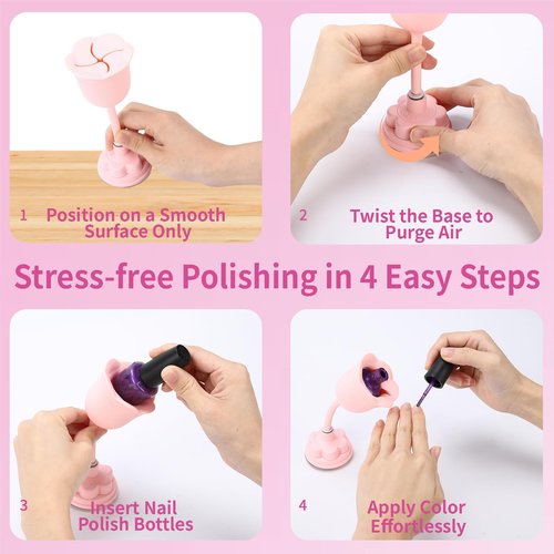 DR.YYDF Nail Polish Bottle Holder, Rose-Shaped with 360° Rotating Stem, Tilted for No-Spill, Strong Suction Cup, All-Bottle Fit (Pink)