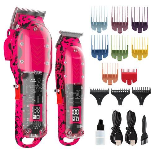 Tuanchuanrp Professional Hair Clippers for Men, Cordless Barber kit for Hair Cutting & Grooming, Hair Clippers and Trimmer Set for Barber Haircut with LED Display, 8 Fade Taper Combs(Pink Set)