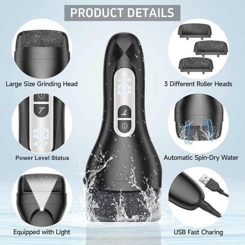 Electric Callus Remover for Feet,Professional Pedicure Kit Rechargeable Foot File Hard Skin Remover for Cracked Heels &Dead Skin,with 9 Roller Heads 2 Speed (Black DR)