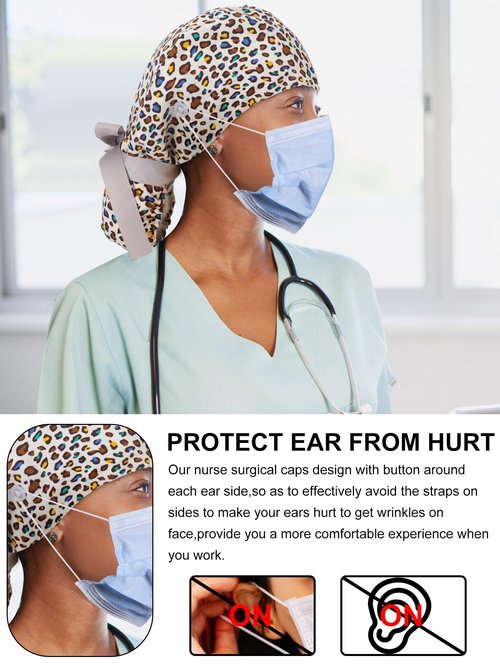 Floraltop 6 Pcs Satin Lined Scrub Caps Women Nurse Surgical Hat with Buttons Ponytail Working Adjustable Shower Caps Tie Back(Fresh Style)