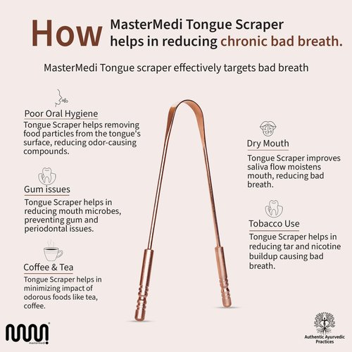 MasterMedi Pure Copper Tongue Scraper for Adults, Tongue Scrubber for Bad Breath, Easy to Use, Tongue Cleaner for Oral Care & Hygiene (Copper Pack of 3)