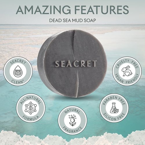 SEACRET Dead Sea Mud Soap Bar - Deep Pore Purifying & Refining Facial Cleanser with 21+ Minerals and Witch Hazel, Natural Exfoliating Spa Bar for Normal to Oily Skin, Fragrance-Fee, 3-Pack, 4.4 oz