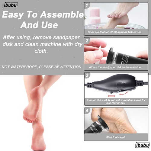 ibubu Upgrade Electric Feet Callus Remover Professional Powerful Foot File Pedicure Grinder Sanders 24V Power 1200RPM Speed Adjustable for Dead Dry Crack Skin Calluses (Black)