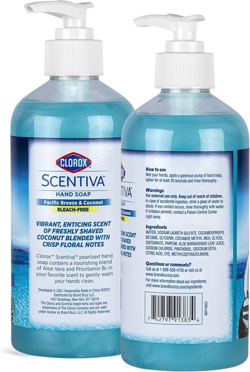 Clorox Scentiva Liquid Hand Soap, Pacific Breeze & Coconut Scent - Bleach-Free Scented Hand Hand Wash with Aloe Vera & Provitamin B5 for Kitchen or Bathroom, 14 Fl Oz - 2 Pack