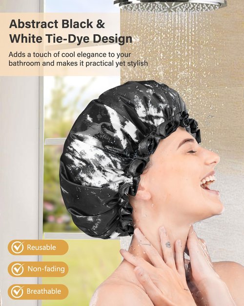 mikimini Large Shower Cap for Women Men Reusable Waterproof, Double Layer Adjustable Hair Cap with Elastic Band for Long Hair & Braids - Classic Black and White Design