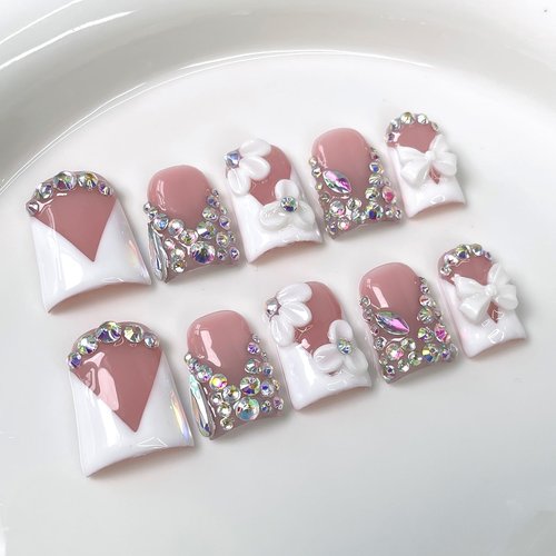 10Pcs Short Duck Press on Nails Handmade Fake Nails French Tip False Nails with 3D Flower Bow Rhinestone Design Handmade Acrylic Nails Press onsSpring Summer Flower Stick on Nail for Women (M)
