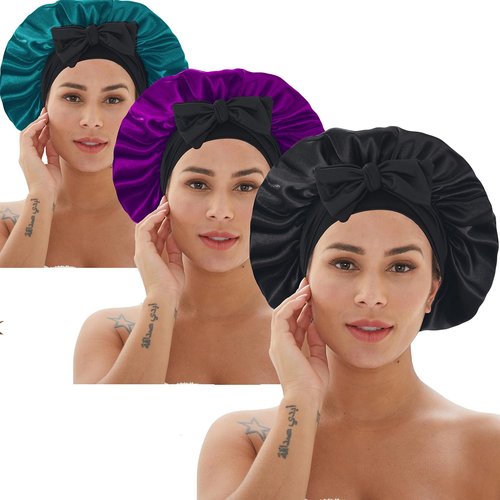 3 Pcs Silk Bonnet for Sleeping, Hair Bonnets with Tie Band Satin Bonnet for Women Night Sleep Caps Natural Curly Hair (Set_A)