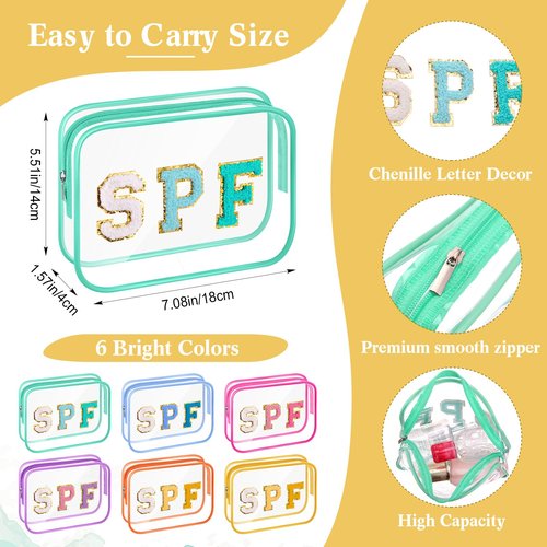 Kacctyen 12 Pcs Spf Clear Makeup Bags Bulk Waterproof Sunscreen Pouch Beach Pool Bag Chenille Letter Patch PVC Preppy Travel Toiletry Cosmetic Zipper Organizer for Women Girls Summer Vacation Gifts