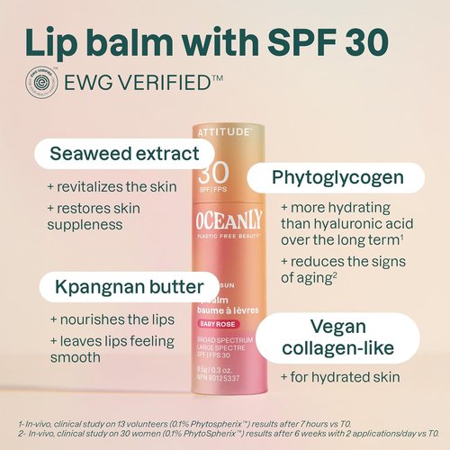 ATTITUDE Oceanly Tinted Lip Balm - SPF 30, EWG Verified, Plastic-Free, Vegan, Baby Rose, 0.3 Ounce