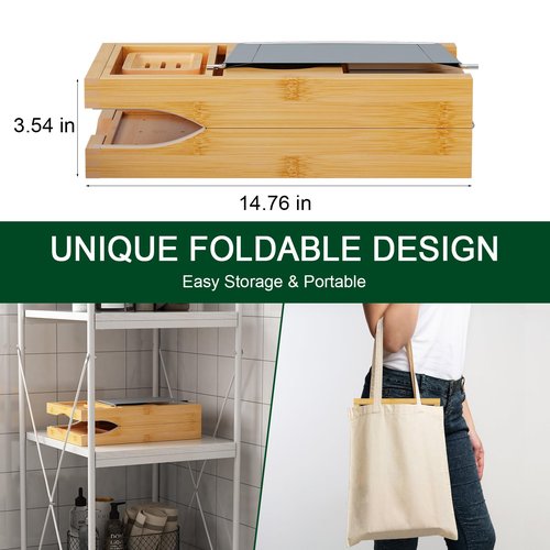Bamboo Bathtub Caddy Tray Expandable for Luxury Bath, Bath Accessories & Table with Wine Glass Holder, Book Stand Bathroom Organizer with Extending Sides for Men/Women,Natural