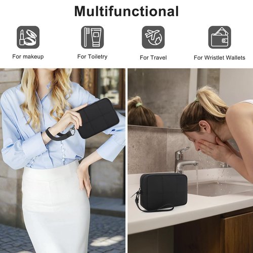 JINSI Small Zipper Puffer Makeup Bag for Wristlet Wallets, Quilted Nylon Cosmetic Pouch Organizer Toiletry Bag for Travel, Cute Make Up Bags Purse for Women Girl, Black