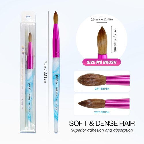 PANA USA Acrylic Nail Brush - Pure Kolinsky Hair with Pink Ferrule | Round Shape, Size 8
