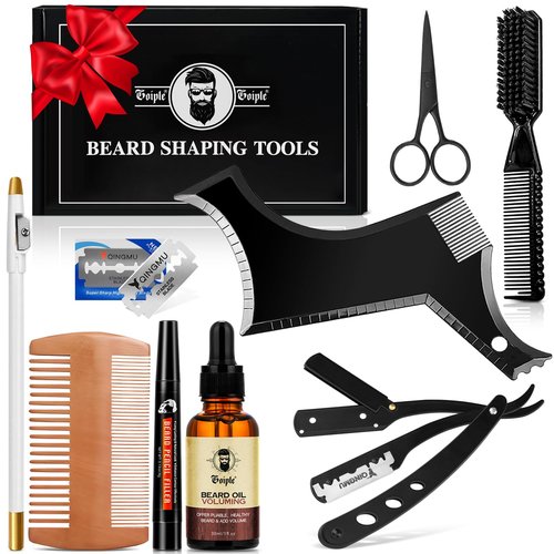 Beard Shaper for Men Beard Shaping Tools - Beard Straightener, Beard Template Guide, Professional Straight Edge Razor, Edge Blade, Barber Pencil, Beard Comb, Scissor, Gifts for Men Boyfriend Husband