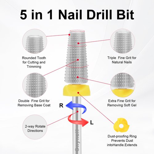 Cnynail 5 in 1 Nail Drill Bit, Tungsten Carbide Multi-Function Bit for Acrylic Nails, Hard Gels, Cuticles Removal, 3/32" Shank, Two-Way Rotation for Left & Right-Handed Use (XF Grit, SILVER)