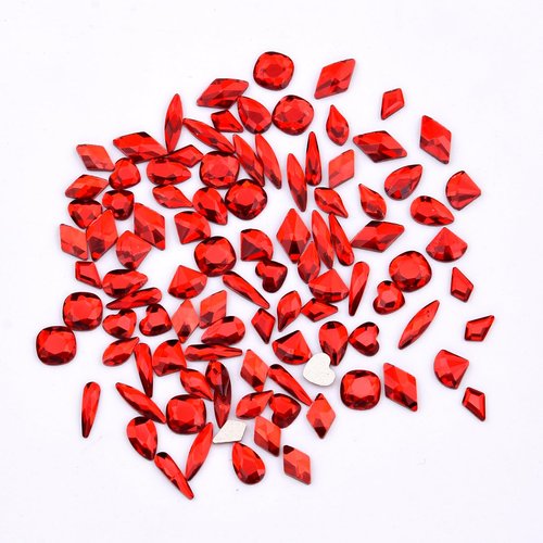 Tisslan 100pcs Glass Red Nail Rhinestones Shapes Mix 720pcs Flat Back Crystal Gem Stones Nail Decoration Charms Bulk Pack Supply