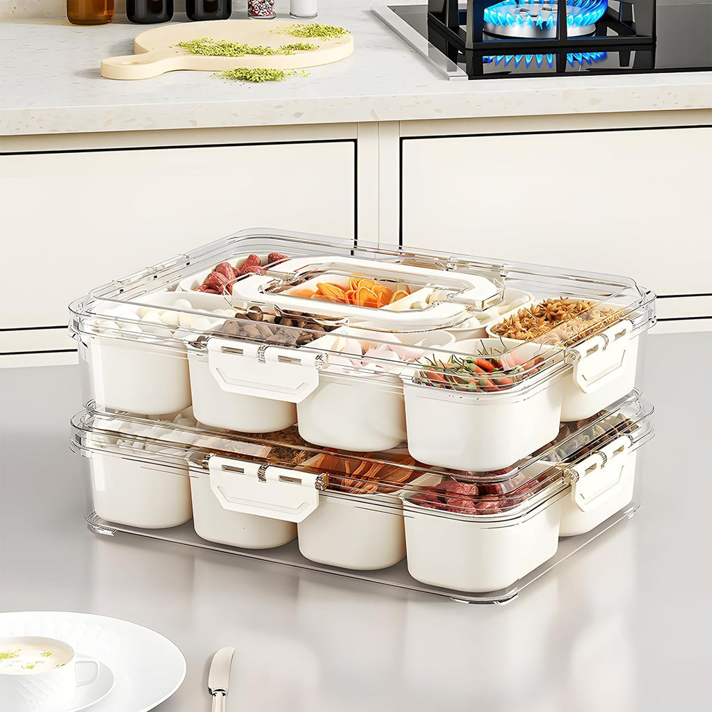 Snackle Box | 8-Compartment Portable Snack Container with Lid & Handle - Clear Serving Tray for Parties