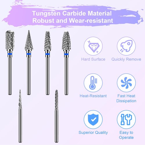 Diesisa 6 Pack Nail Drill Bits for Acrylic Nails, 3/32" Shank Drill Bits for Nails Professional Electric Cuticle Drill Bit, Cuticle Cleaner Nail Gel Polish Remover Tool for Home Salon Nail Bits-Blue