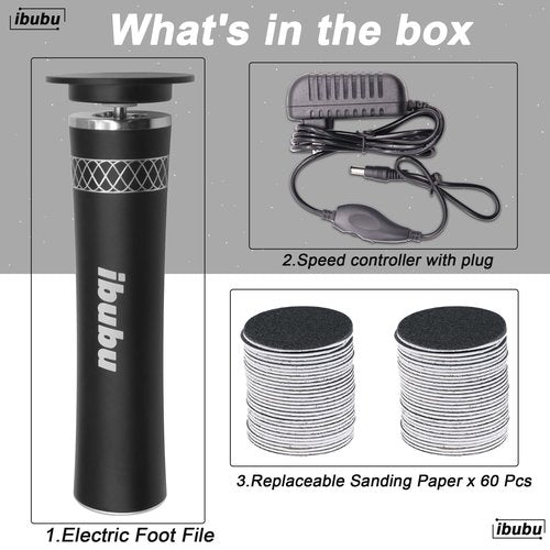 ibubu Upgrade Electric Feet Callus Remover Professional Powerful Foot File Pedicure Grinder Sanders 24V Power 1200RPM Speed Adjustable for Dead Dry Crack Skin Calluses (Black)