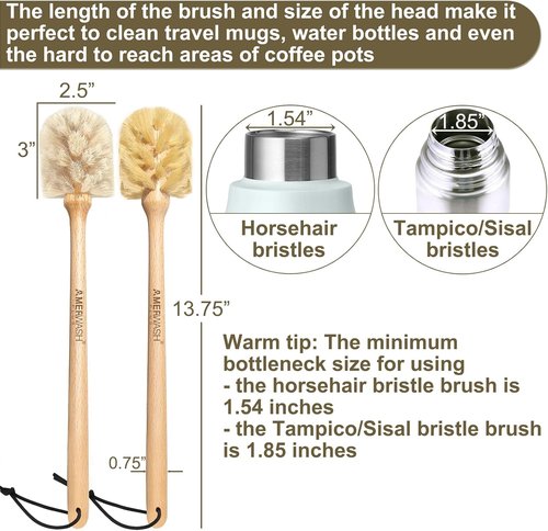 Natural Bristle Bottle Brushes by [Brand Name] - 13.75-Inch Wood Handle for Cleaning Jars, Glasses & Vases | 2 Pack