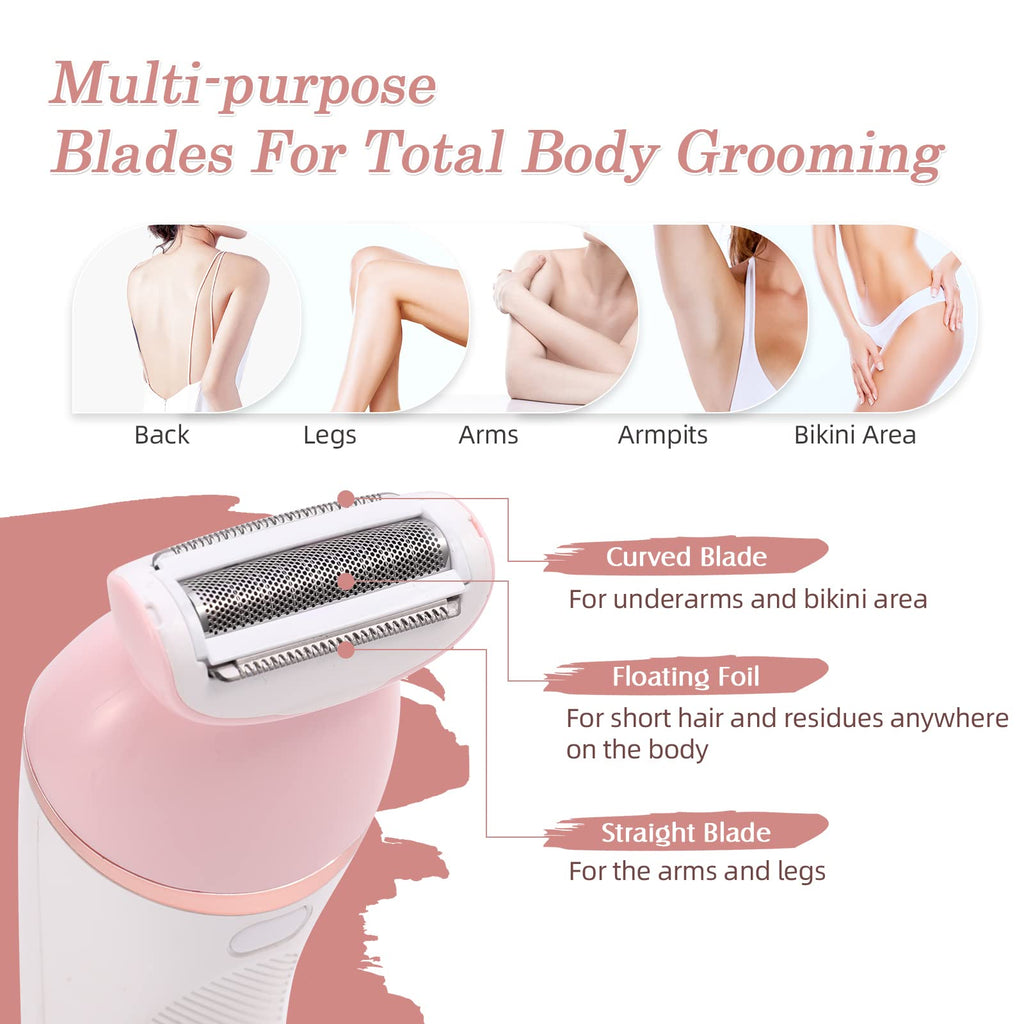 YHC Electric Razor for Women – 2-in-1 Waterproof Cordless Shaver for Legs, Underarms, Face & Bikini, Hypoallergenic Blades, Wet & Dry Use, USB Rechargeable (Pink).