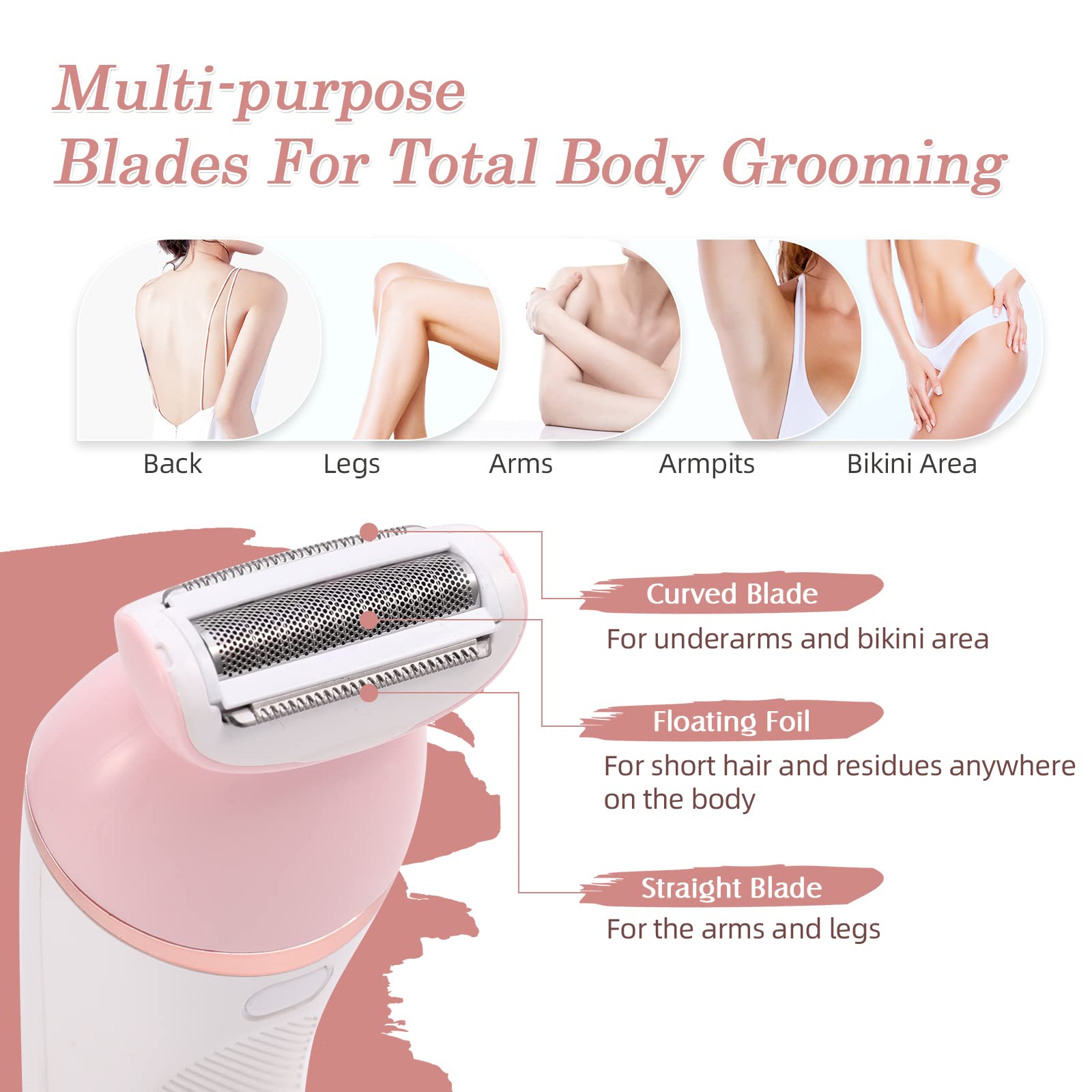 YHC Electric Razor for Women – 2-in-1 Waterproof Cordless Shaver for Legs, Underarms, Face & Bikini, Hypoallergenic Blades, Wet & Dry Use, USB Rechargeable (Pink).