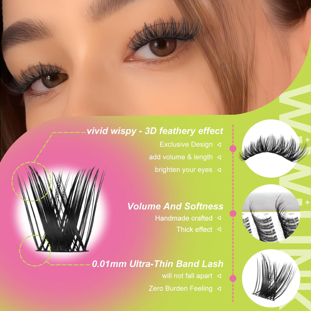 WiWiLINK Lash Clusters Fluffy DIY Lash Extension 8-16mm Wispy Eyelash Clusters D Curl Individual Eye Lashes Thick Volume False Eyelashes Mink Cluster Eyelash Extensions Thin Band for Salon, G04